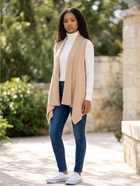 Ann Taylor Beige Open-Front Draped Knit Vest